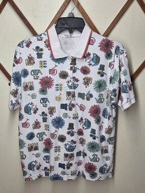 Vintage Floral Gardening Print Polo Shirt White Cottagecore Fits M/L